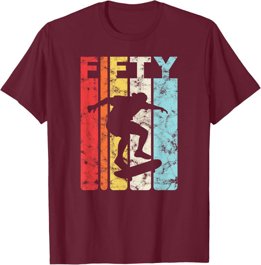 50th Birthday Party 50 Years Skateboard Skater Skating Retro T-Shirt - T-Shirt | Maroon