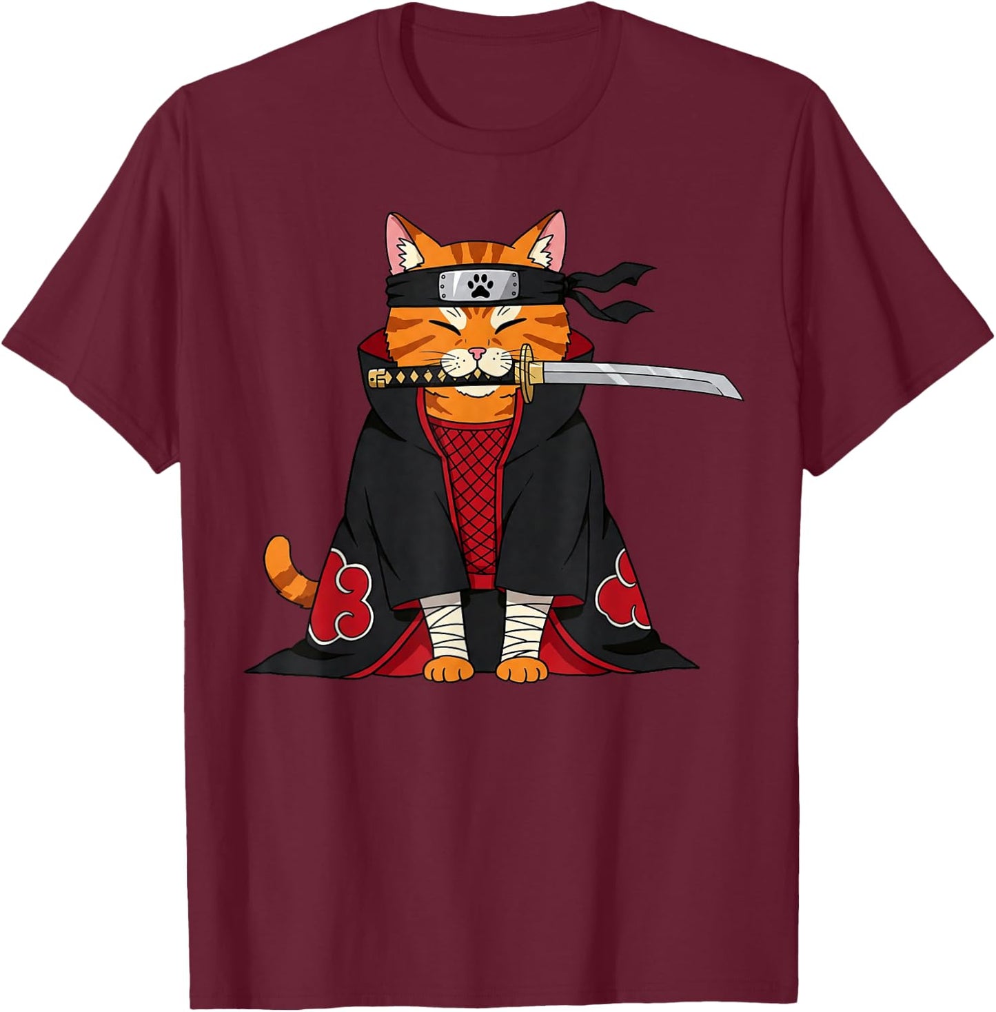 Japanese Samurai Ninja Anime Cat Kawaii Gifts Men Women Kids T-Shirt - T-Shirt | Maroon