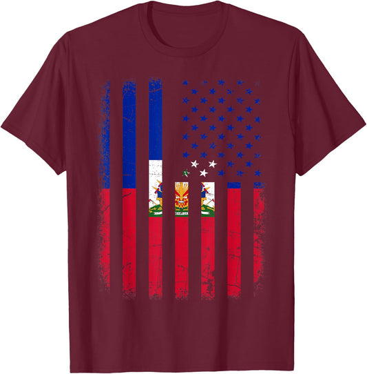 Haitian American Flag Haitian Roots Haiti America T-Shirt - T-Shirt | Maroon