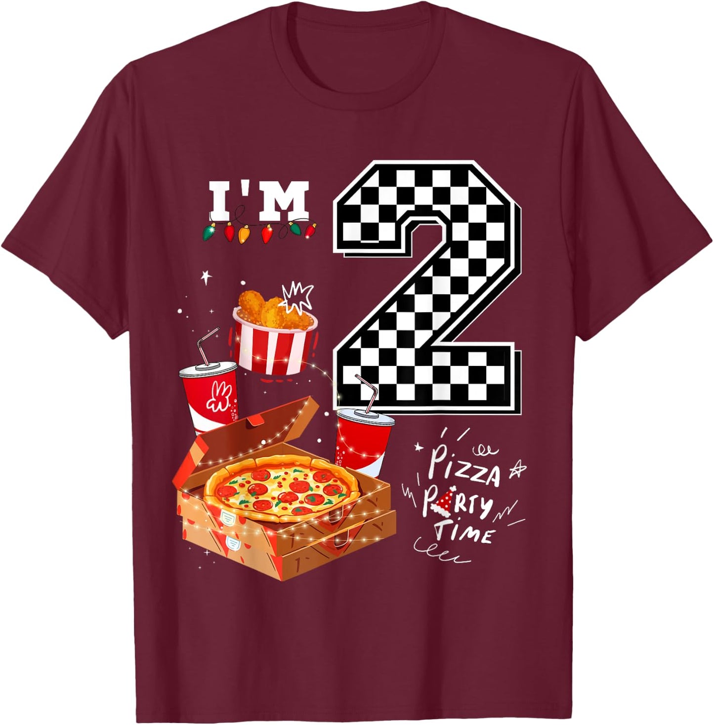 Funny Pizza Lover 2nd Birthday Crew 2 Years Old Boys Match T-Shirt - T-Shirt | Maroon
