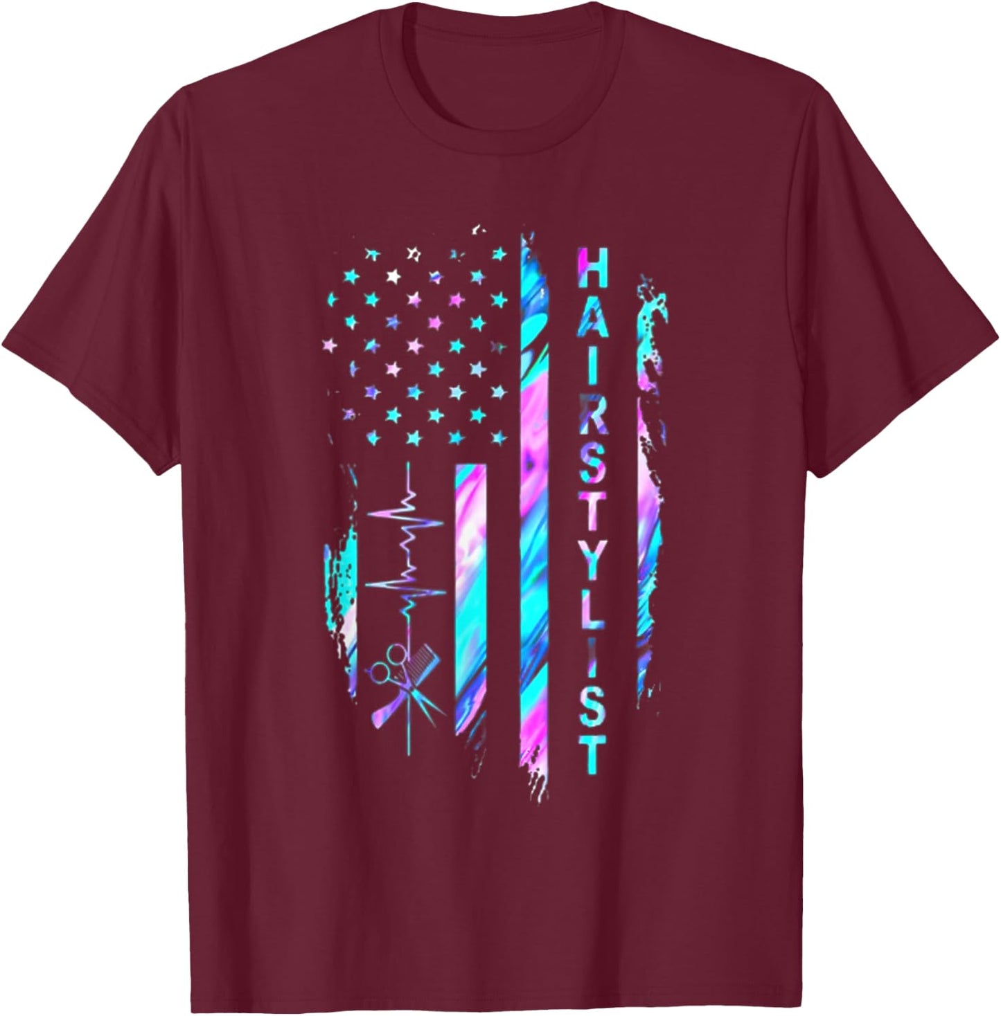 Hairstylist American Flag Hologram T-Shirt - T-Shirt | Maroon