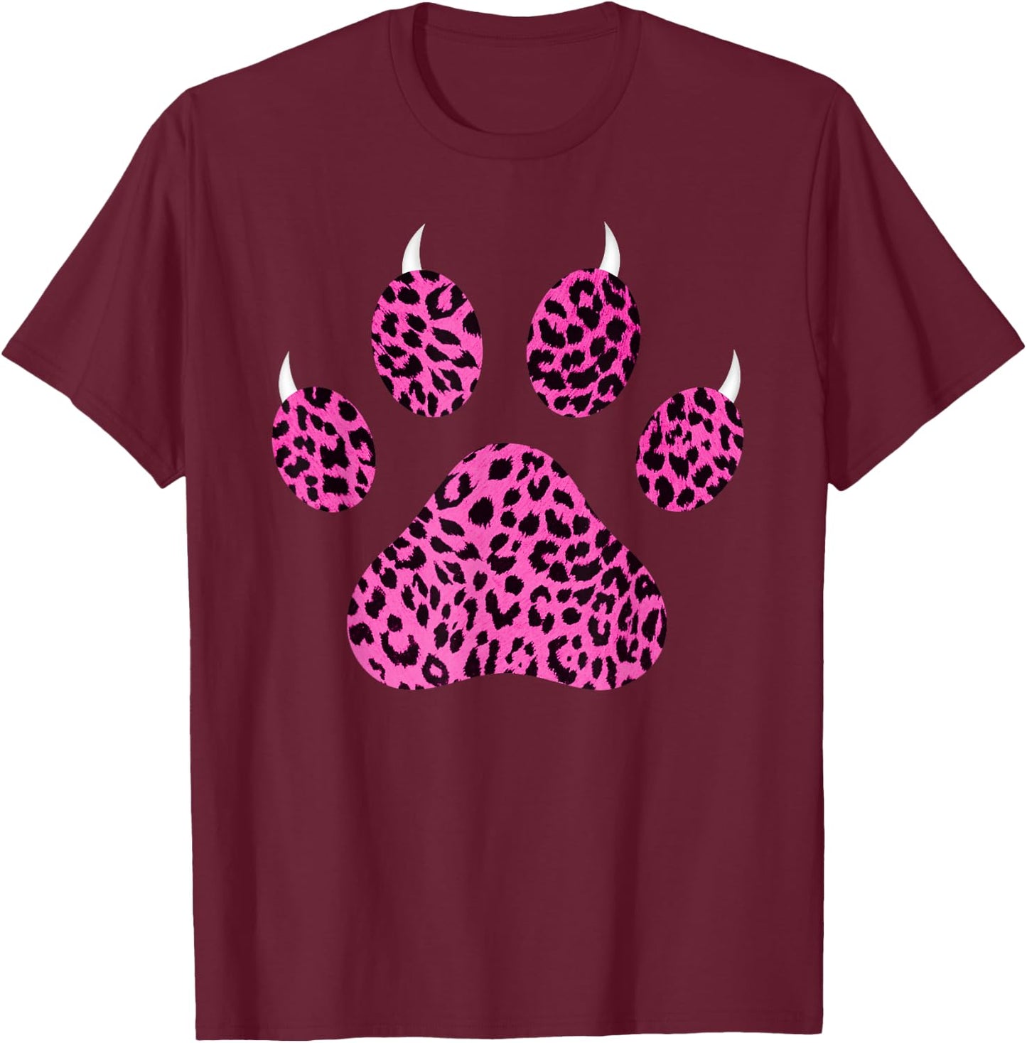 Pink and Black Leopard Paw Print with Claws - Pink Cheetah T-Shirt - T-Shirt | Maroon
