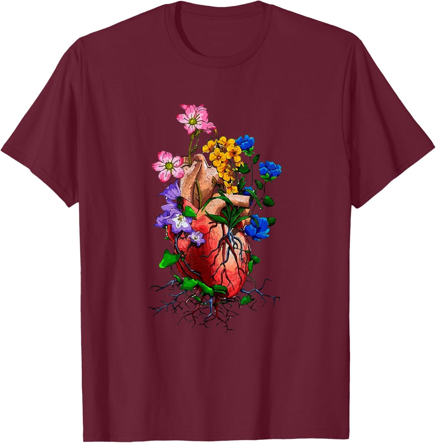 Floral Goth Anatomical Heart Show Love T-Shirt - T-Shirt | Maroon