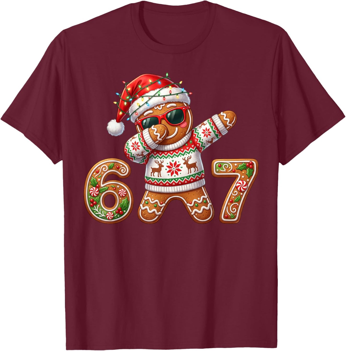 Funny Gingerbread Six Seven 67 Ice Cream Drip Christmas Boys T-Shirt - T-Shirt | Maroon