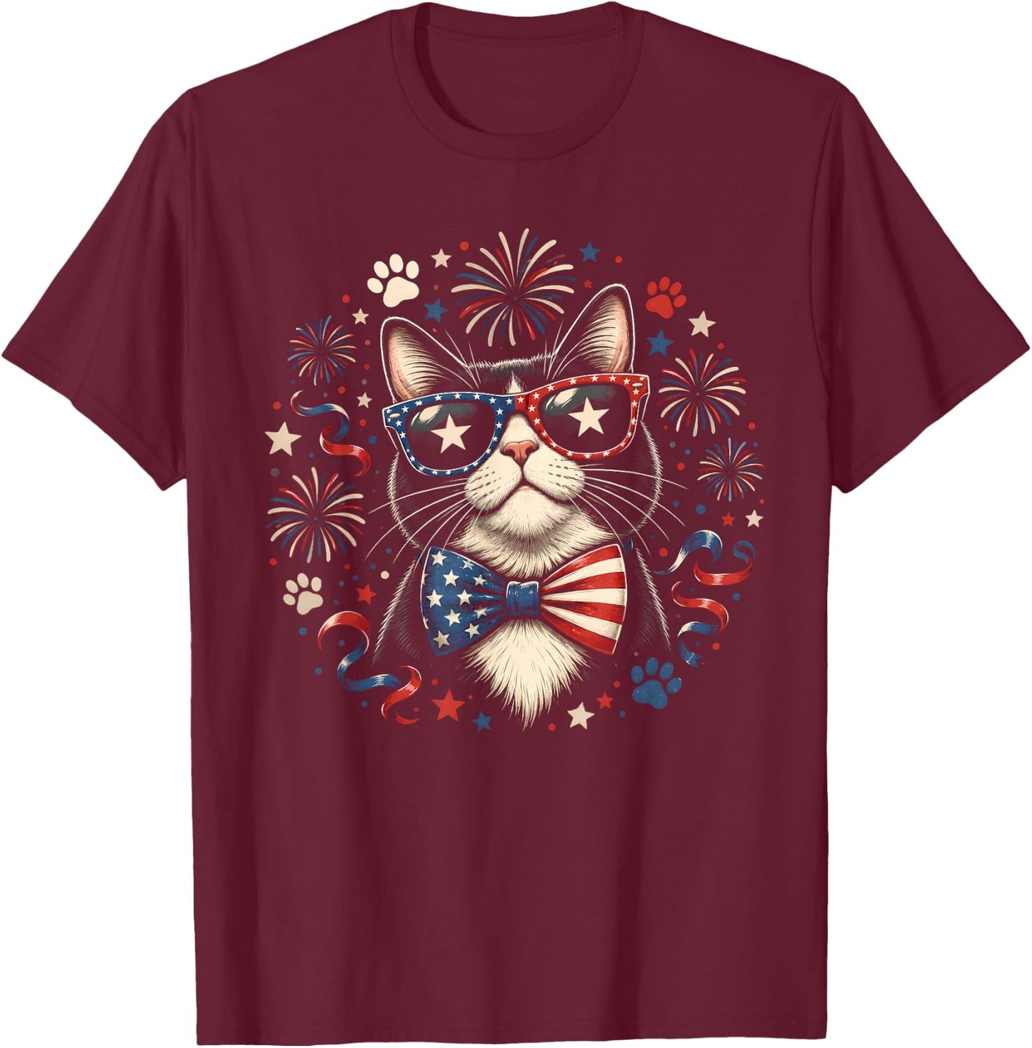 Cat 4th of July American Flag Bow Patriotic Women T-Shirt - T-Shirt | Maroon