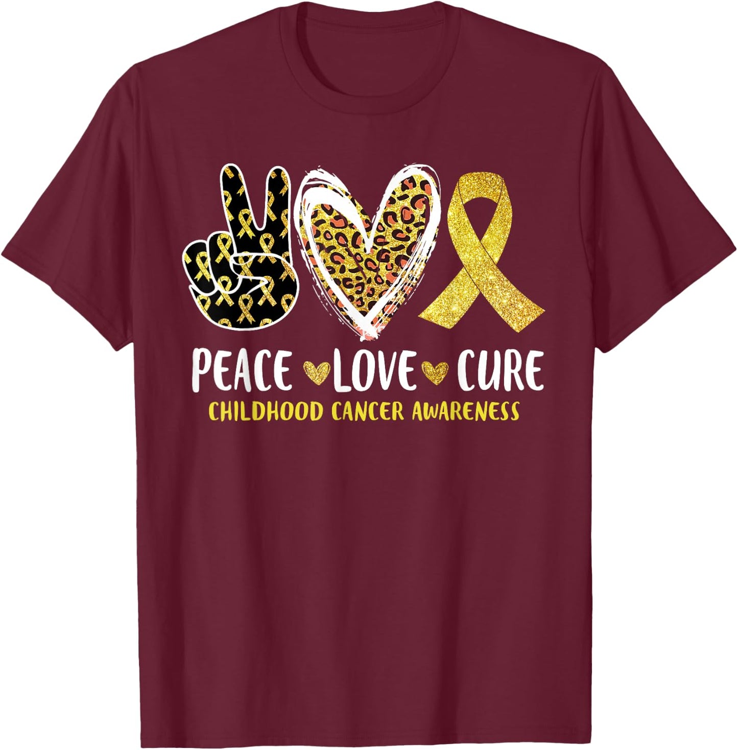 Peace Love Cure Childhood Cancer Awareness Leopart Heart T-Shirt - T-Shirt | Maroon