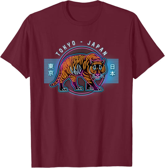 Japanese Neon Sign 80's Retro Tiger Chinese Asian Inspired T-Shirt - T-Shirt | Maroon