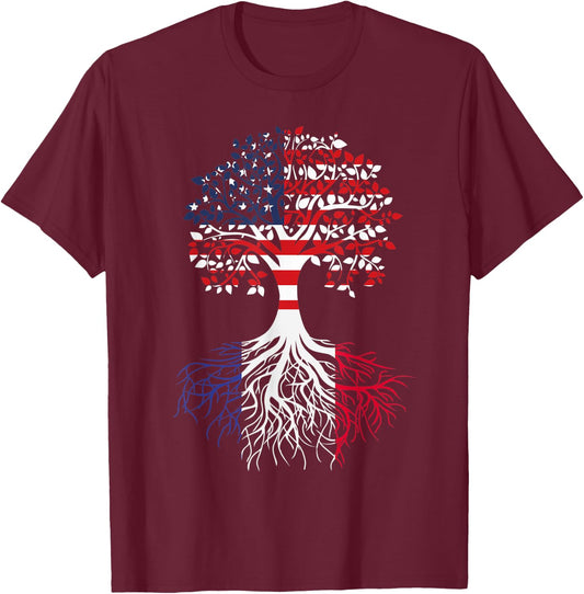 French Roots American Grown Tree Flag T-Shirt - T-Shirt | Maroon