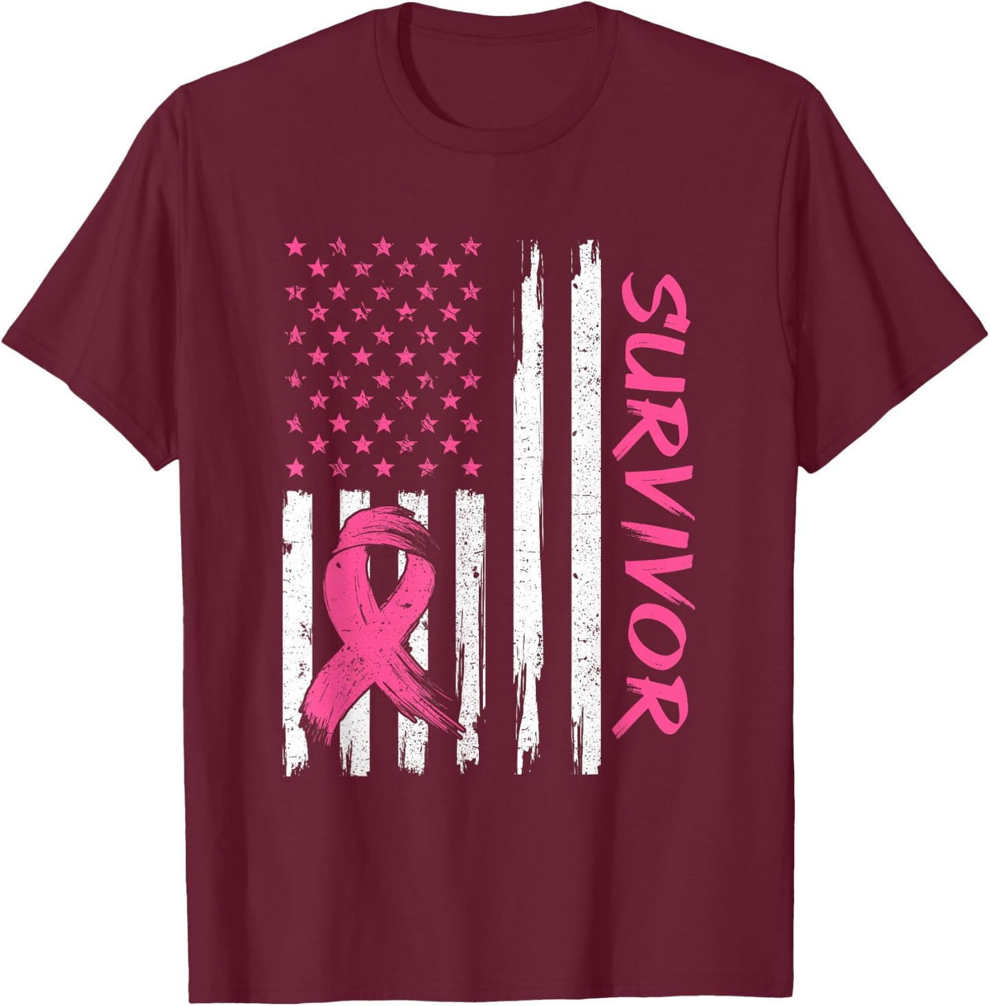 Breast Cancer Survivor American Flag Breast Cancer Awareness T-Shirt - T-Shirt | Maroon