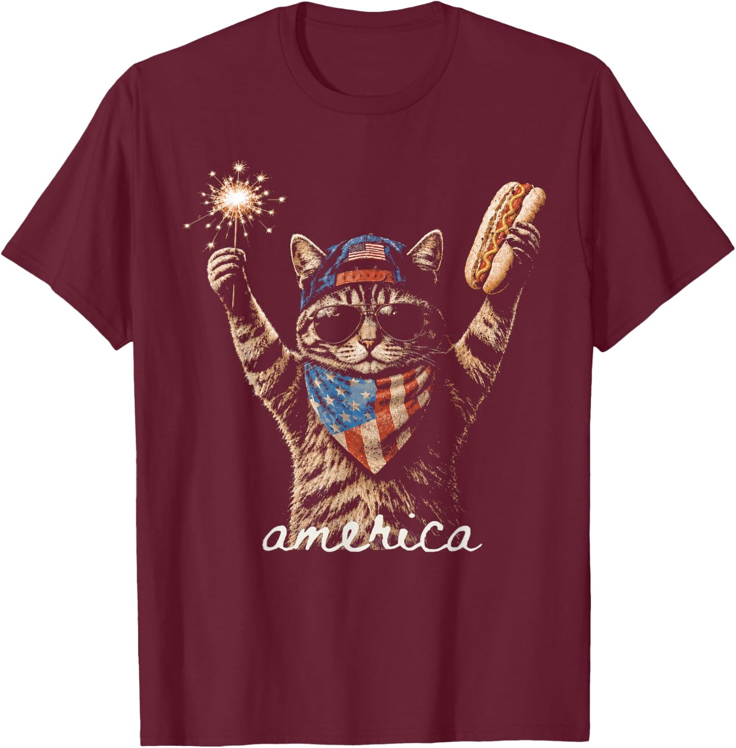 Retro Funny America CatHot Dog Lovers Patriotic US Flag T-Shirt - T-Shirt | Maroon