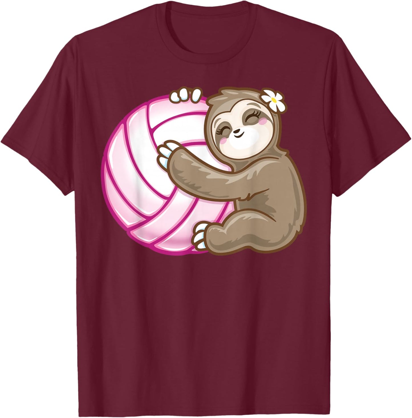 Sloth Hug Pink Ball Girls Volleyball Lover Fan Sports player T-Shirt - T-Shirt | Maroon