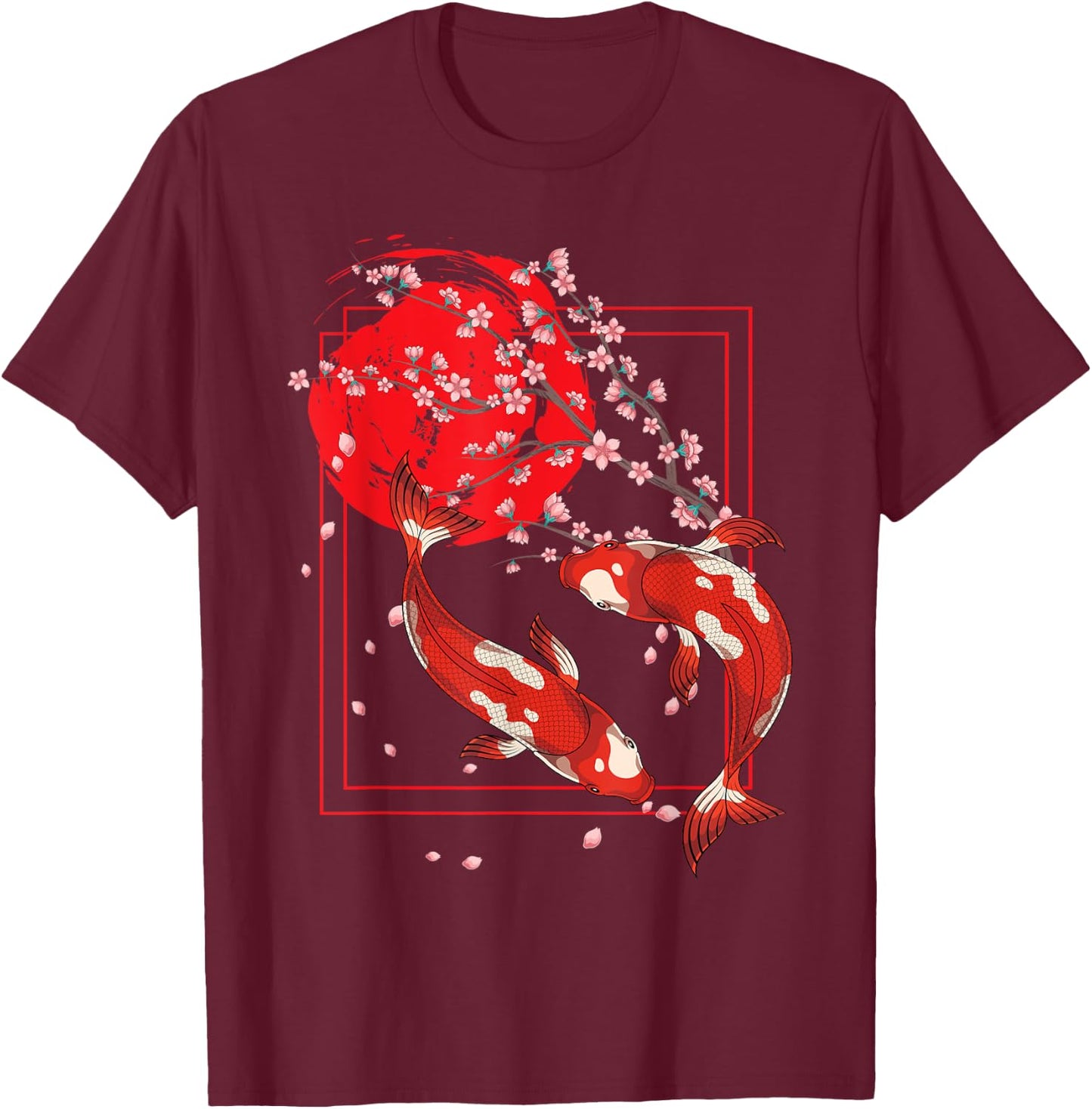 Asian Koi Pond Sakura Cherry Blossom Japanese Fish Koi Carp T-Shirt - T-Shirt | Maroon