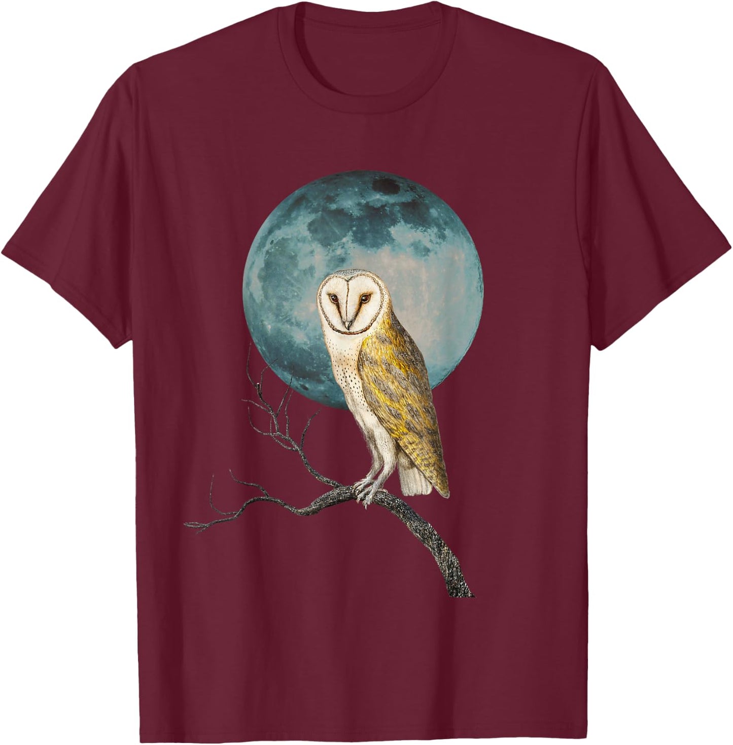 Barn Owl Lover Full Moon Vintage Illustration Birder Graphic T-Shirt - T-Shirt | Maroon