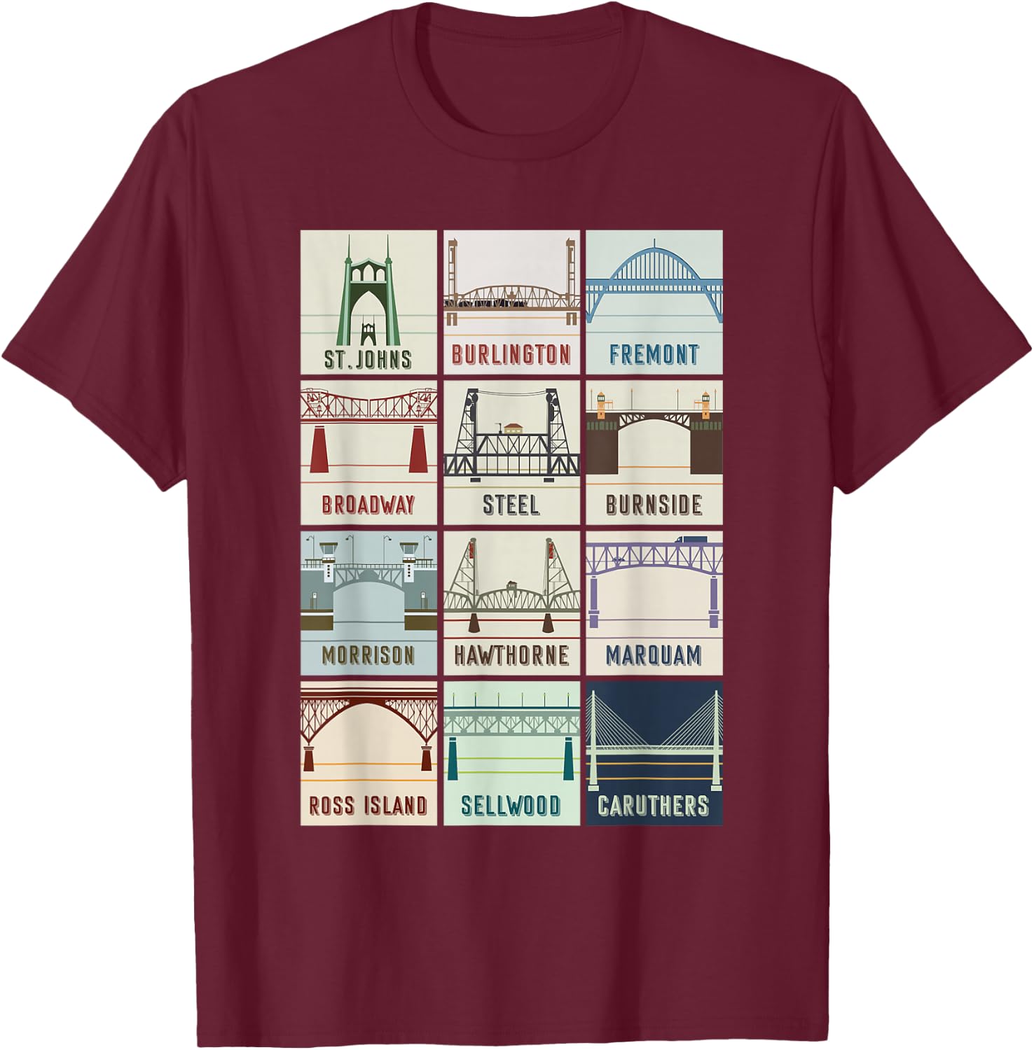 Vintage Bridges Of Portland Oregon , Black T-Shirt - T-Shirt | Maroon