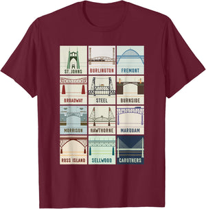 Vintage Bridges Of Portland Oregon , Black T-Shirt - T-Shirt | Maroon
