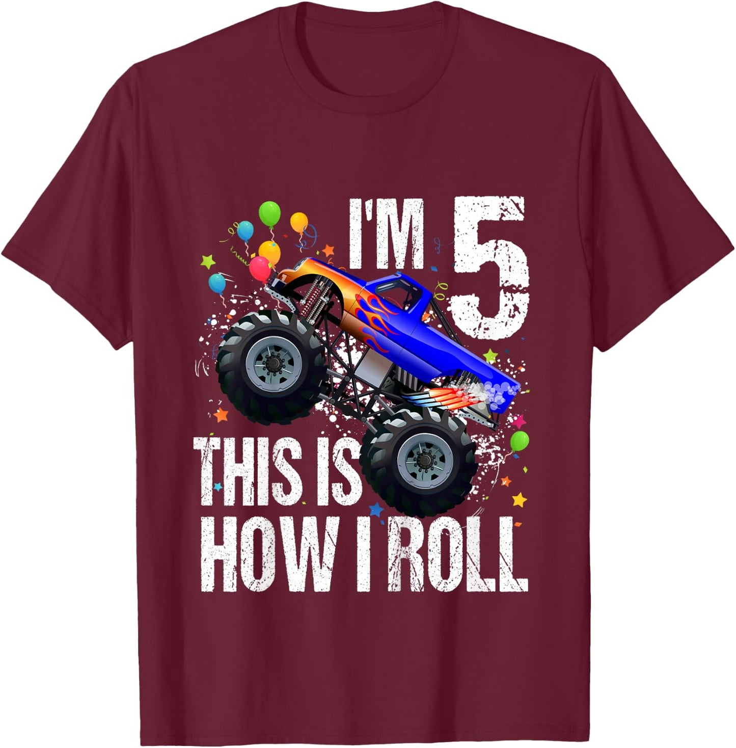 Kids 5th Birthday Boy Monster Truck Rule JAM Shirt Five 5 Year T-Shirt - T-Shirt | Maroon