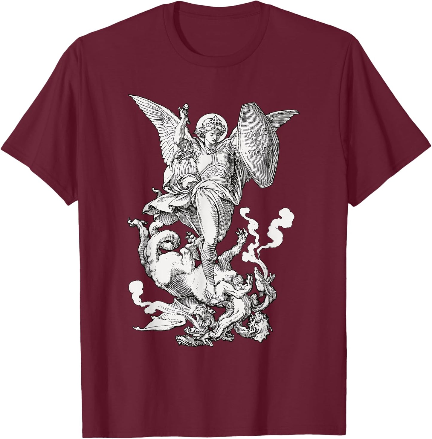 Archangel Saint Michael Fighting the Dragon Catholic T-Shirt - T-Shirt | Maroon