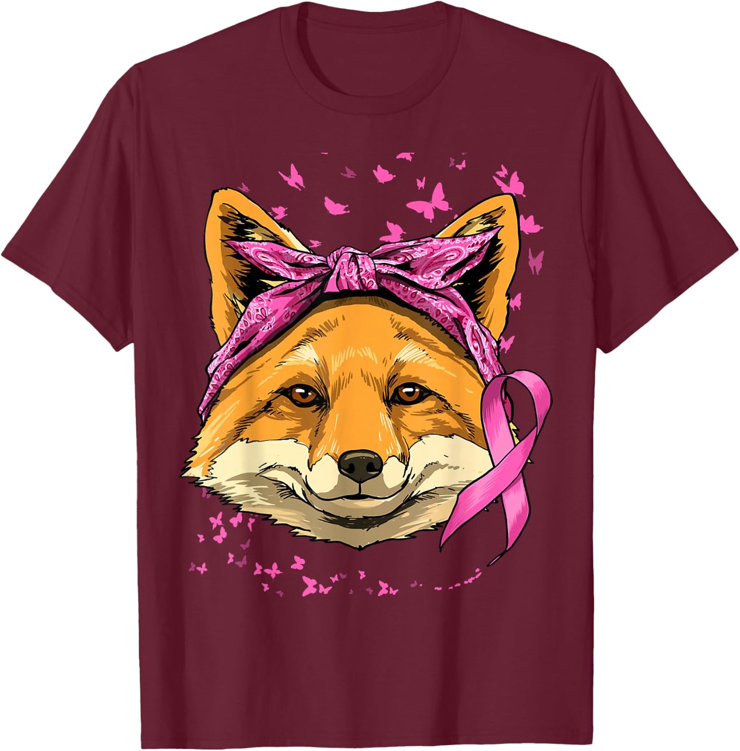 Fox Breast Cancer Awareness Pink Ribbon Cancer Survivor T-Shirt - T-Shirt | Maroon