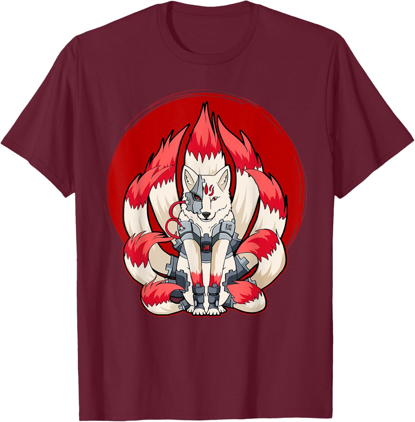 Cyborg Kitsune Nine Tailed Fox Cyber Aesthetic T-Shirt - T-Shirt | Maroon