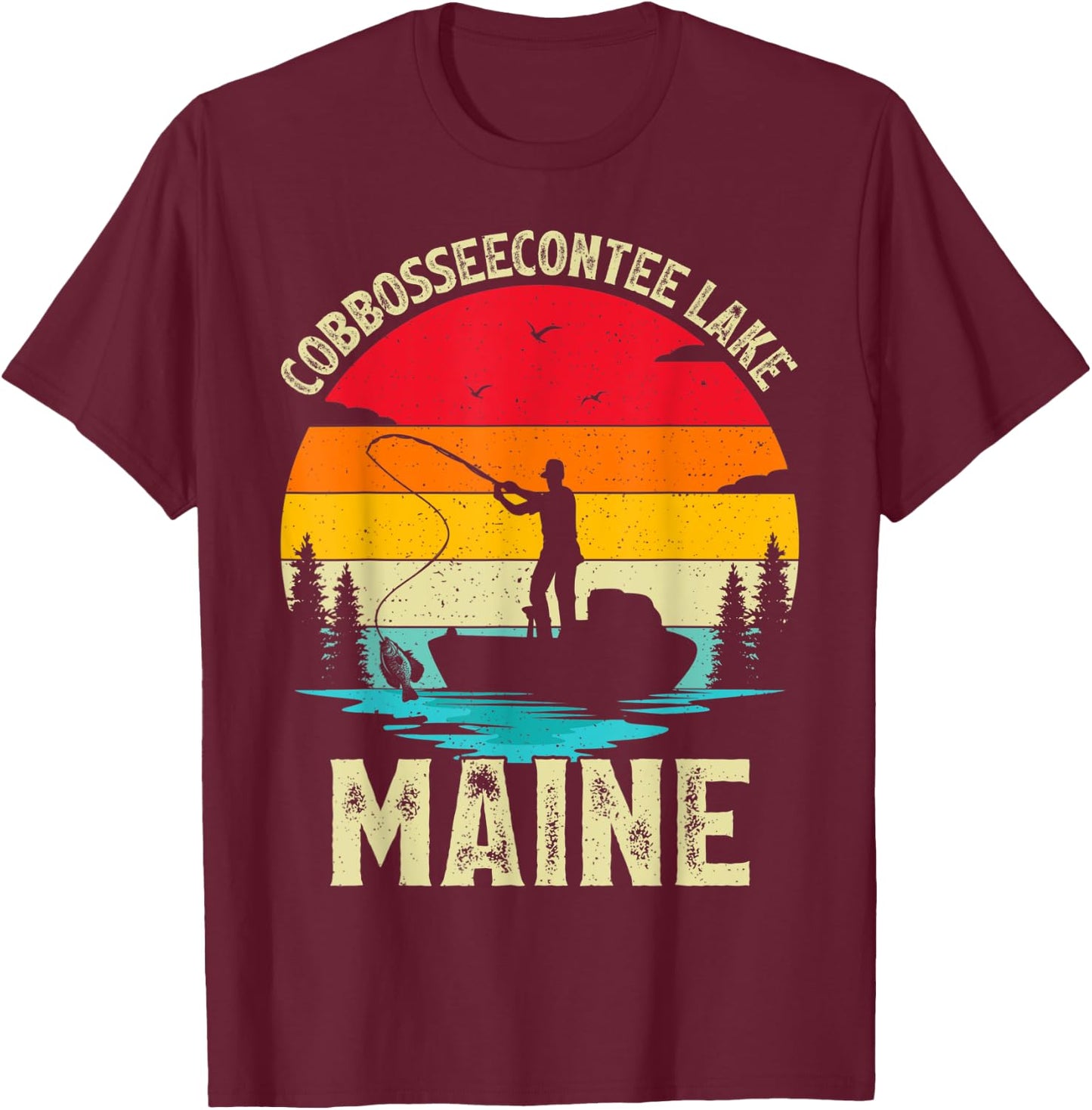 Summer Vacation Fishing Vintage Maine Cobbosseecontee Lake Men Women Kids T-Shirt - T-Shirt | Maroon