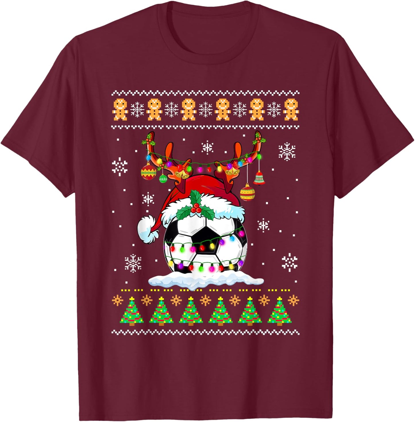 Soccer Ball Reindeer Santa Hat Ugly Sweater Xmas Lights T-Shirt - T-Shirt | Maroon