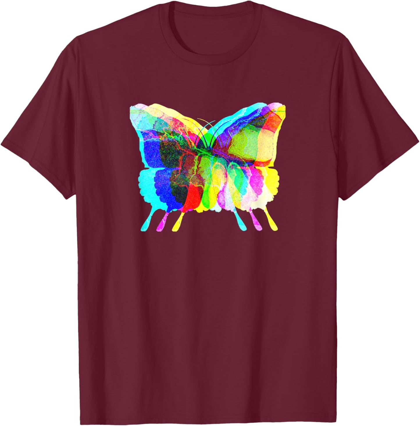 Fly and Flourish Psychedelic Rorschach Rainbow Butterfly T-Shirt - T-Shirt | Maroon