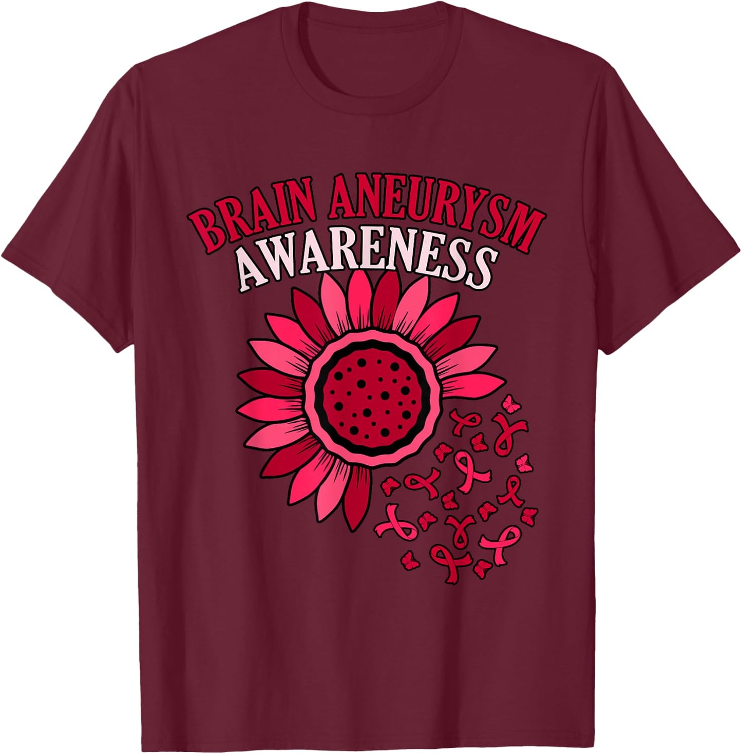 Flower Ribbon Brain Aneurysm Awareness Month Support Graphic T-Shirt - T-Shirt | Maroon