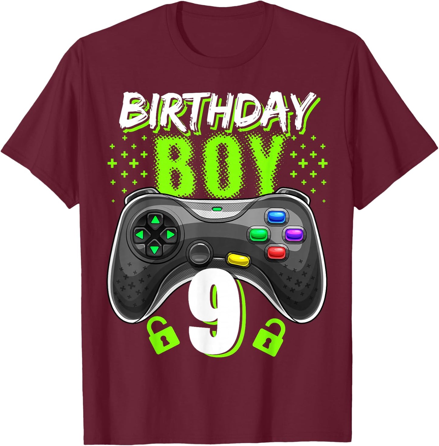 Birthday Boy 9 Video Game Controller Gamer 9th Birthday Gift T-Shirt - T-Shirt | Maroon