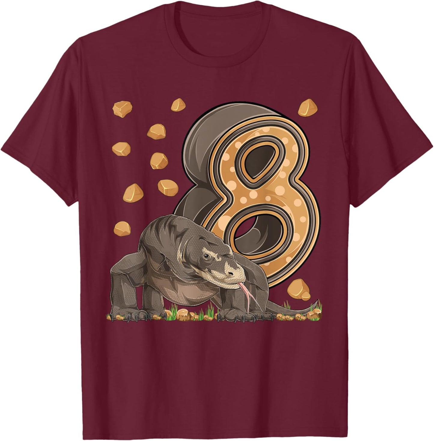 8 Year Old Komodo dragon Reptile 8th Birthday Party B-day T-Shirt - T-Shirt | Maroon