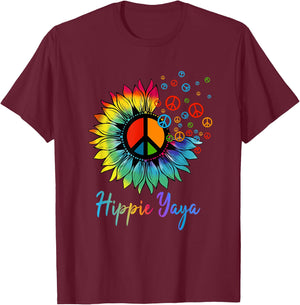 Women Hippie Yaya - Colorful Sunflower Peace Sign T-Shirt - T-Shirt | Maroon