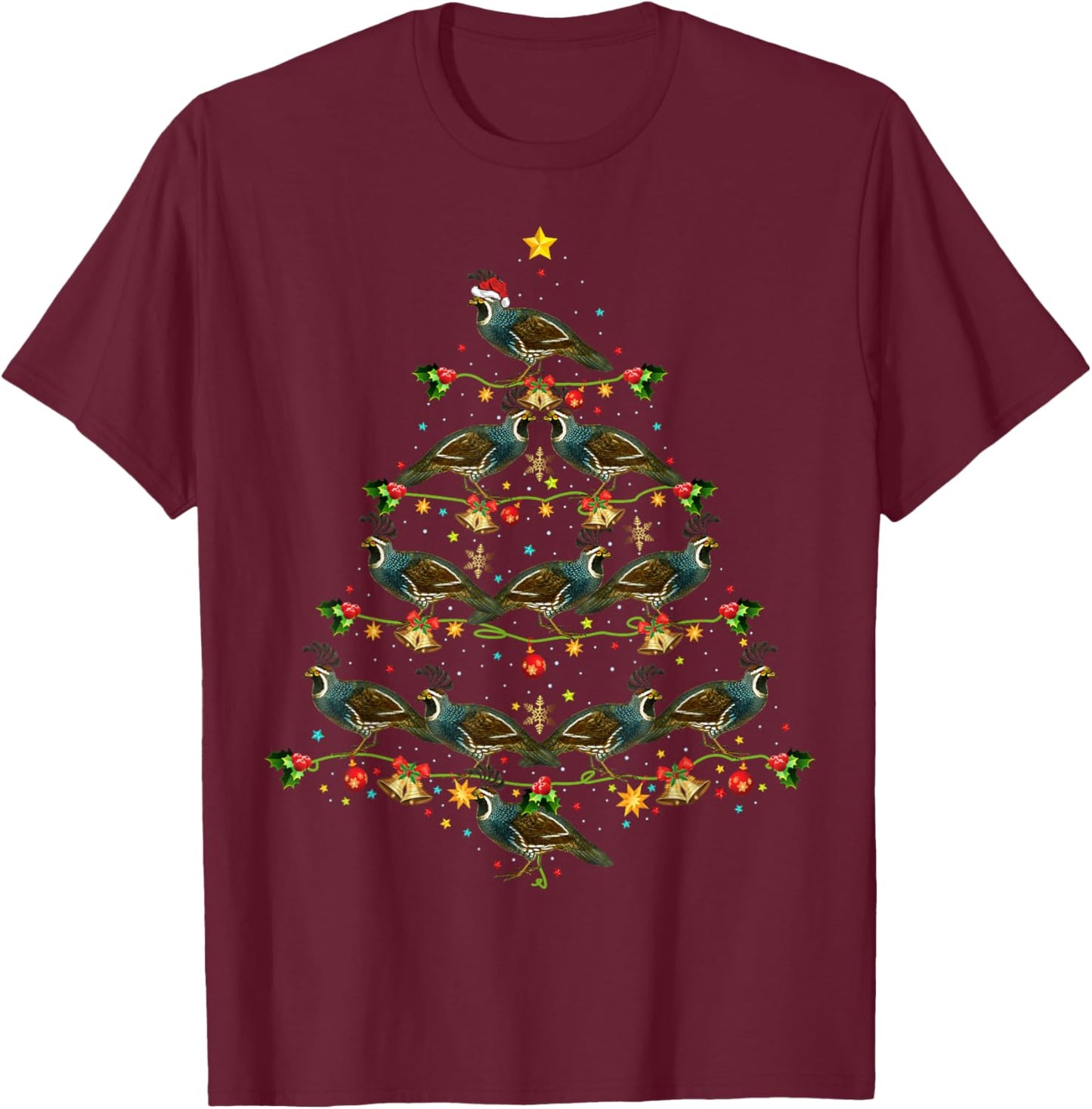 Quail Bird Xmas Tree Gift Santa Hat Quail Christmas T-Shirt - T-Shirt | Maroon