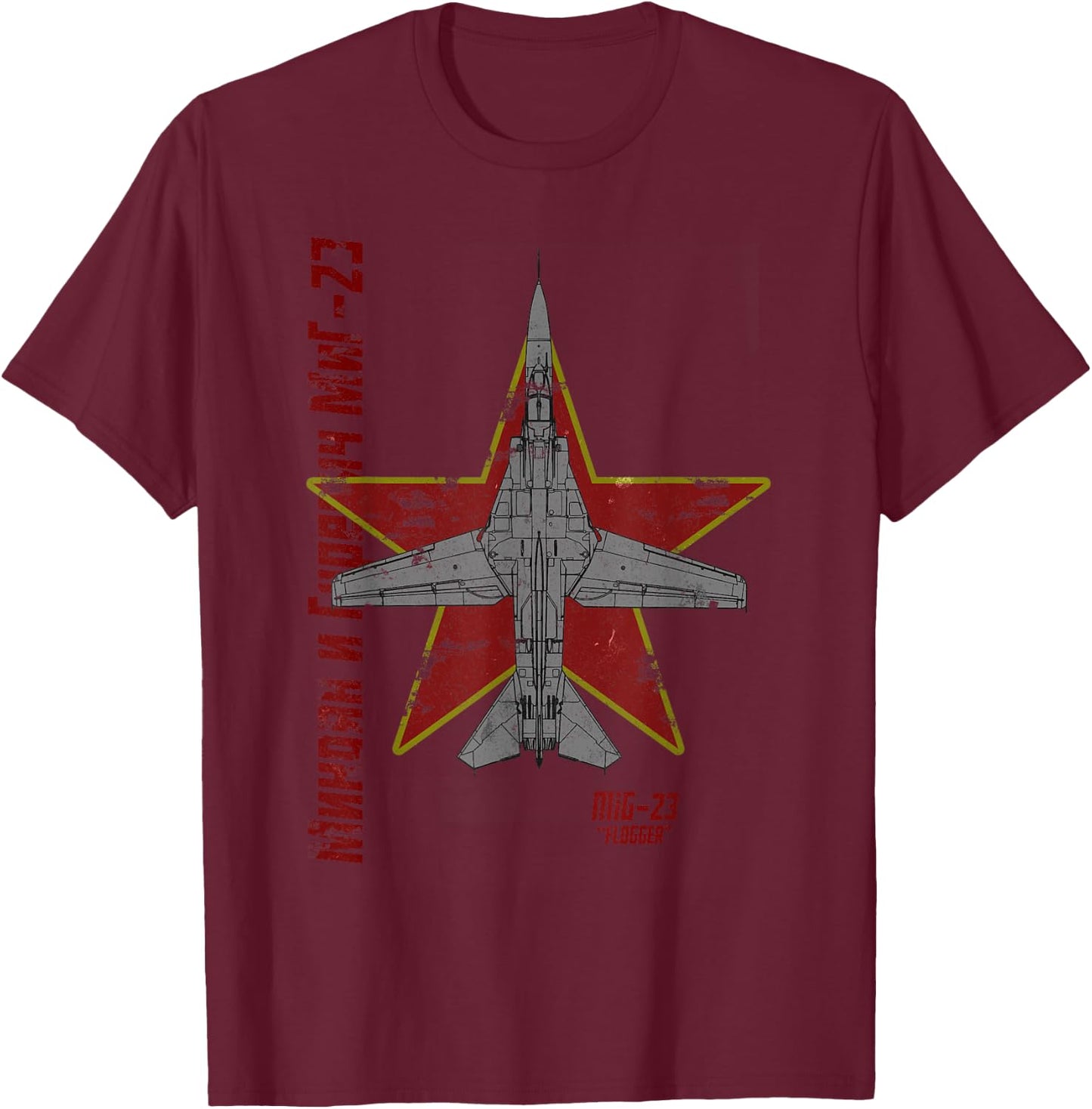 MiG-23 Flogger Soviet Cold War Jet Airplane Vintage Cyrillic T-Shirt - T-Shirt | Maroon