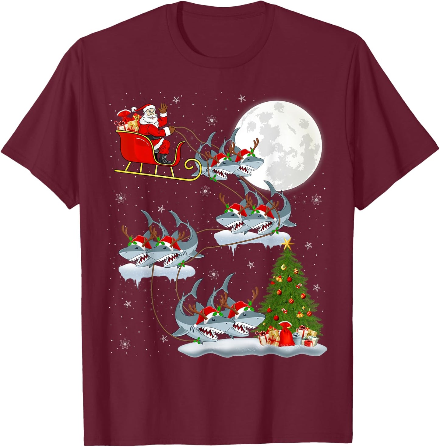 Xmas Lighting Tree Santa Riding Great White Shark Christmas T-Shirt - T-Shirt | Maroon