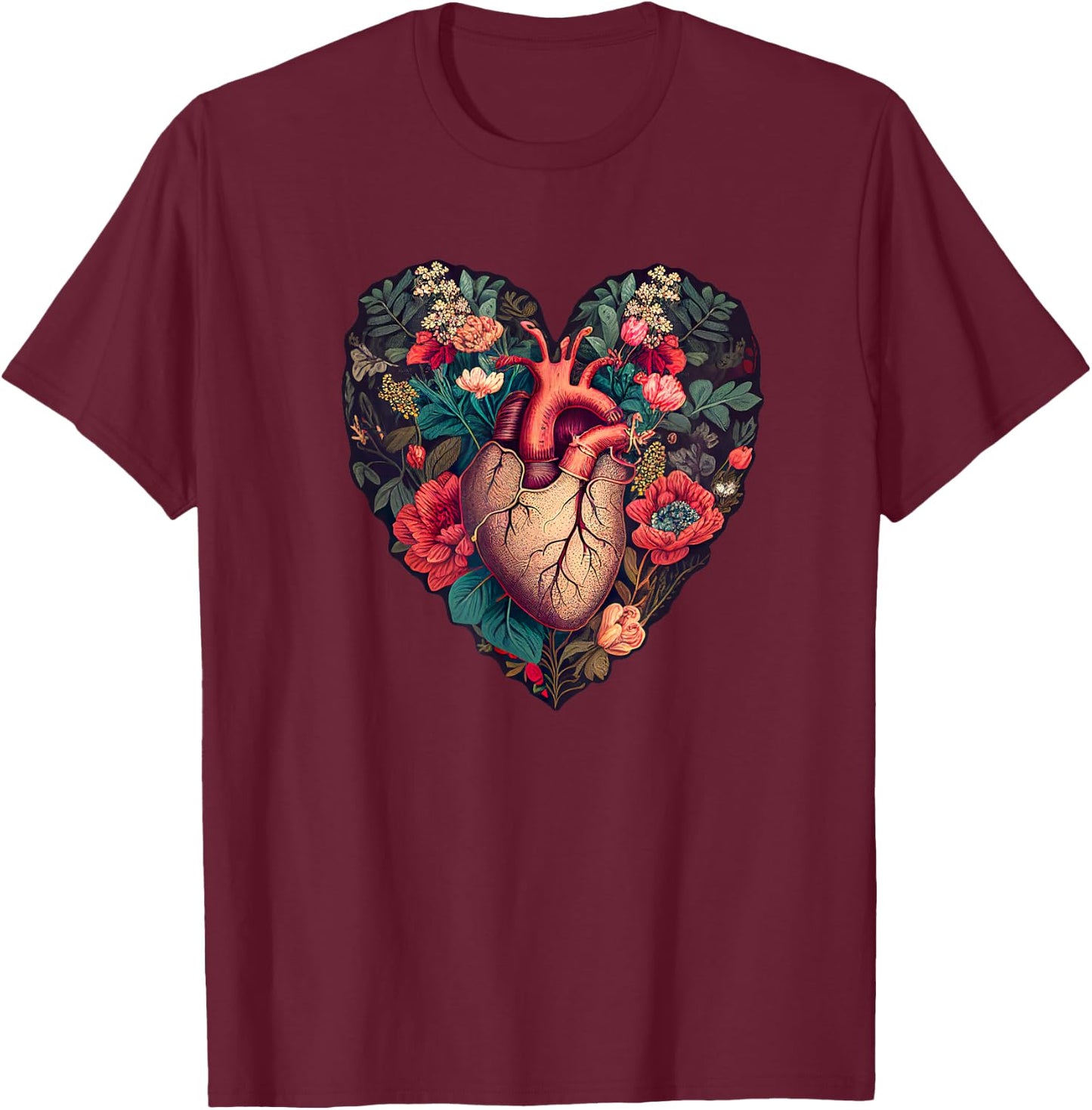 Vintage Anatomical Heart with Flowers for Dark Academia Gift T-Shirt - T-Shirt | Maroon