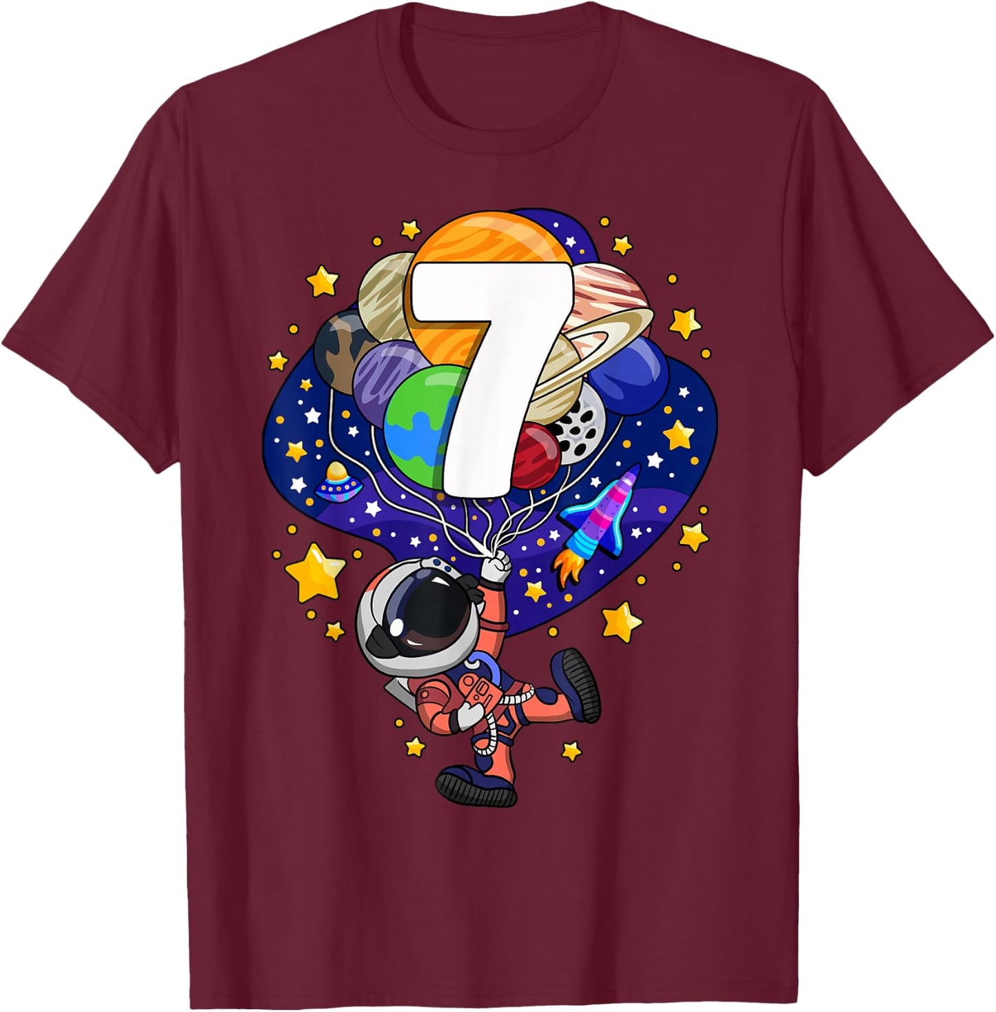 Space Astronaut 7th Birthday Boy Number 7 Seven Year Old T-Shirt - T-Shirt | Maroon