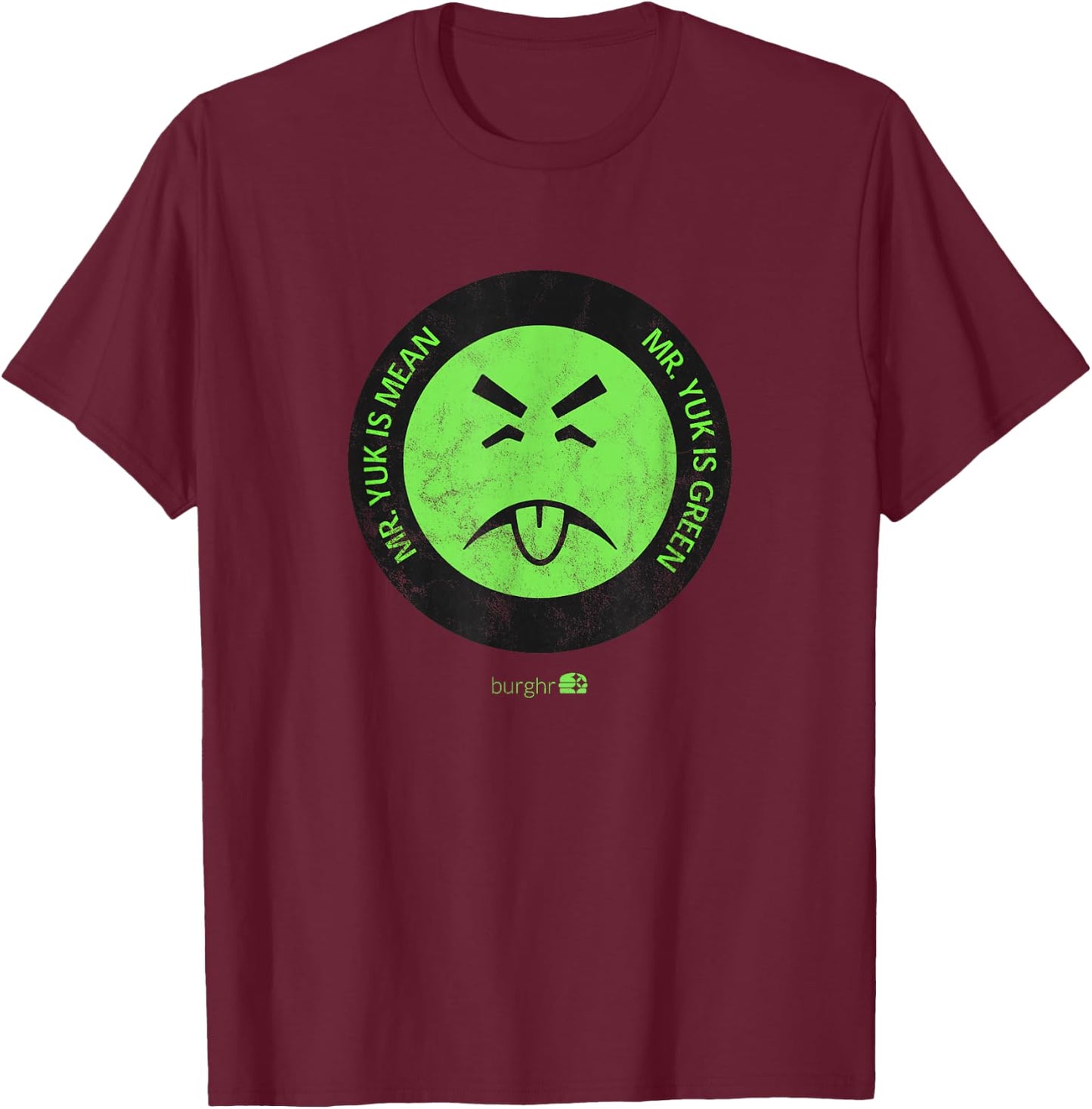 Burghr Men's Mr. Yuk Retro Pittsburgh Themed Green Cartoon T-Shirt - T-Shirt | Maroon