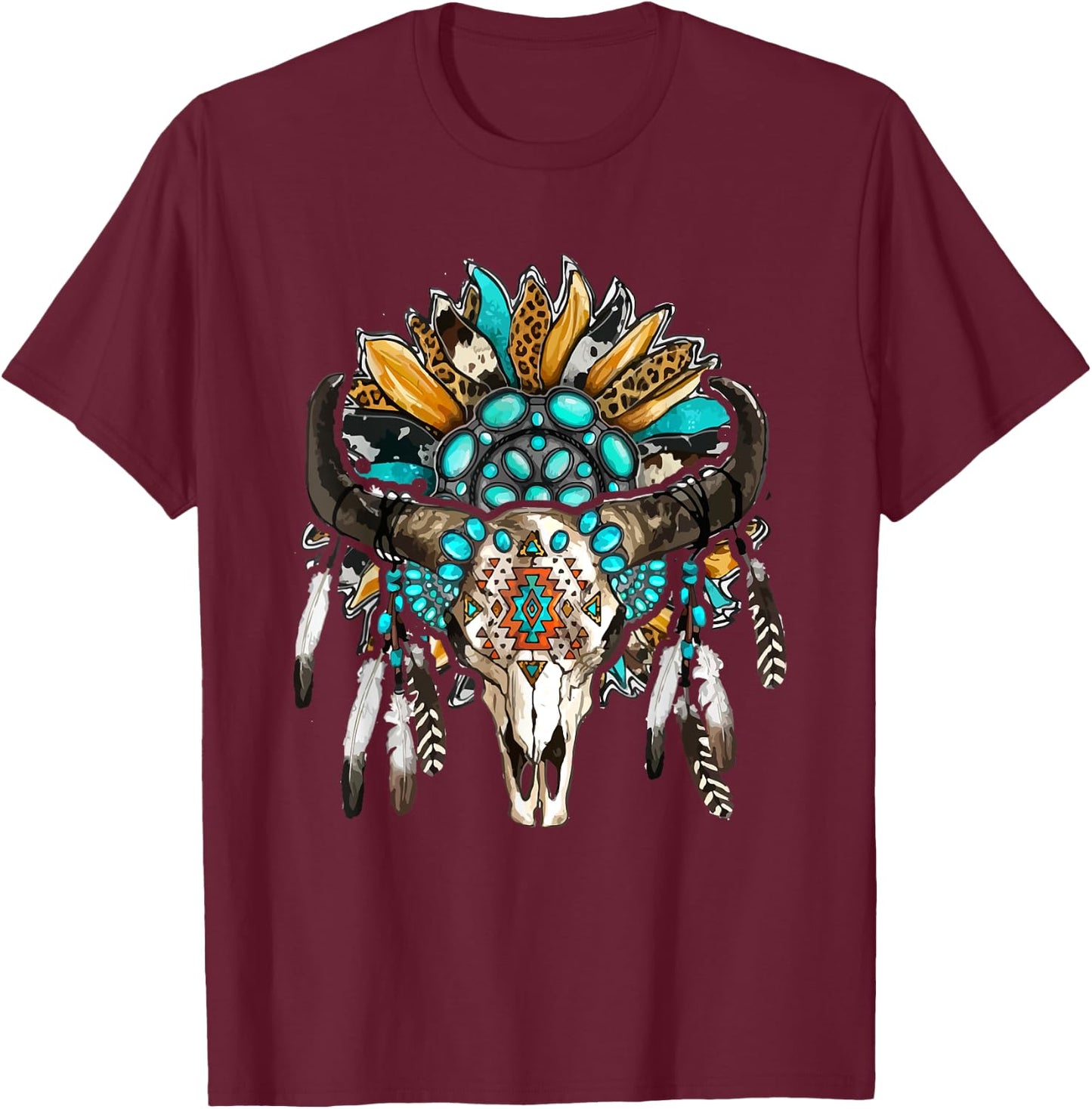 Western Boho Sunflowers Turquoise Cow Bull Skull T-Shirt - T-Shirt | Maroon