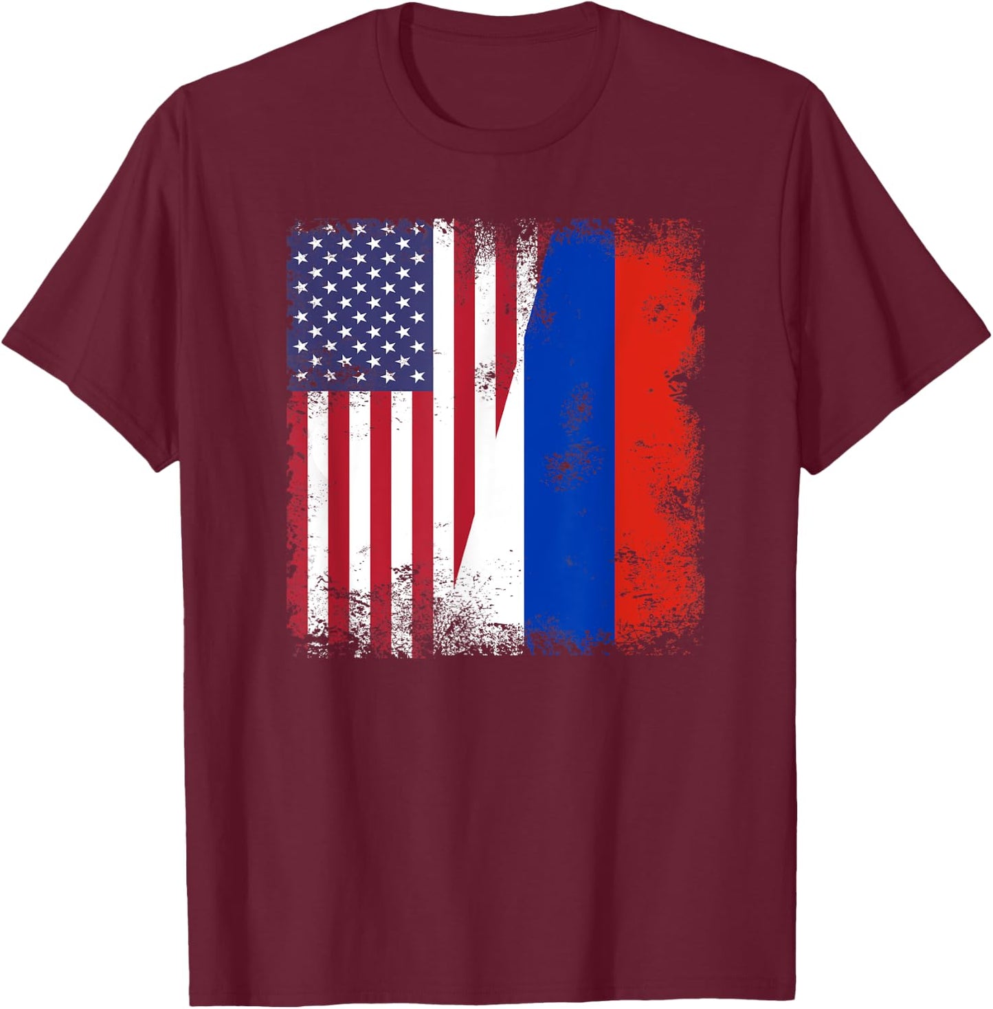 Half Russian Flag | Vintage Russia USA Gift T-Shirt - T-Shirt | Maroon