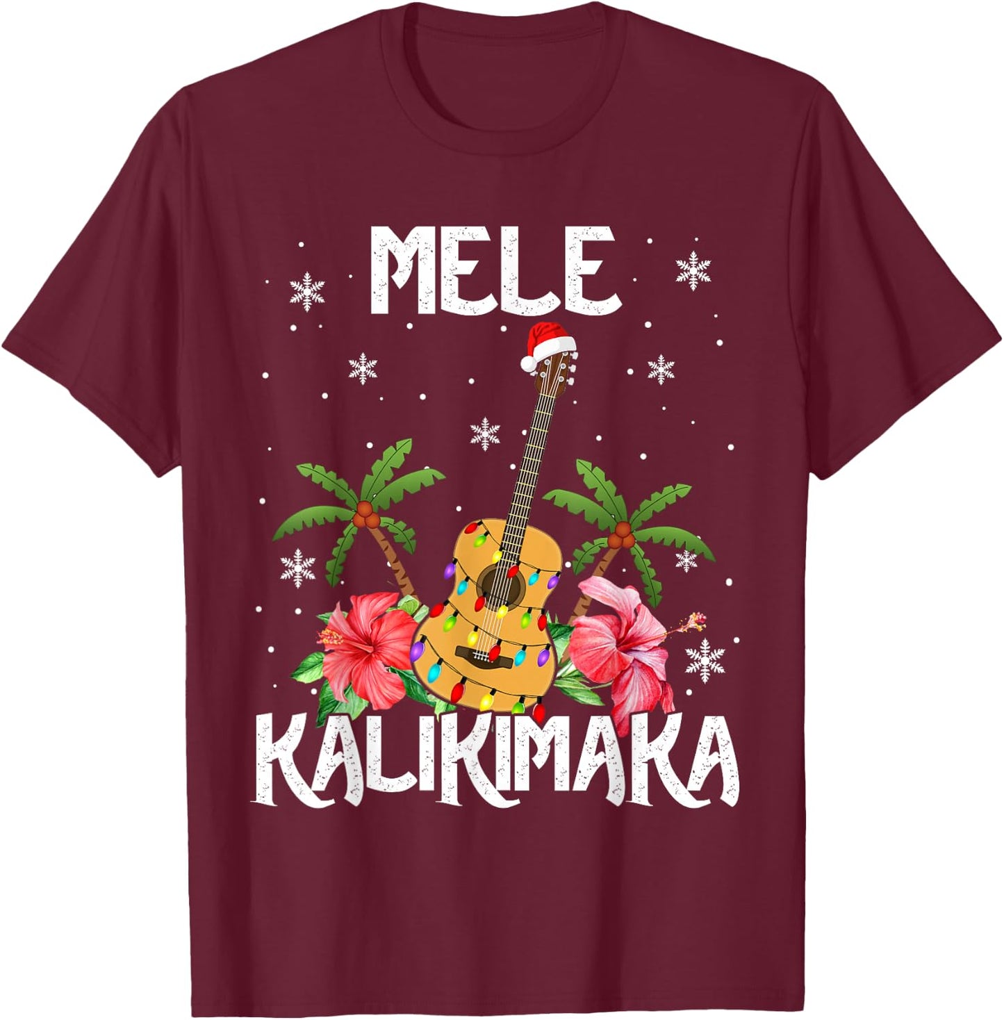 Mele Kalikimaka Merry Xmas Light Santa Hawaiian Guitar T-Shirt - T-Shirt | Maroon
