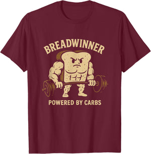 Breadwinner Powered by Carbs Funny Gym Bread Lifting Weights T-Shirt - T-Shirt | Maroon