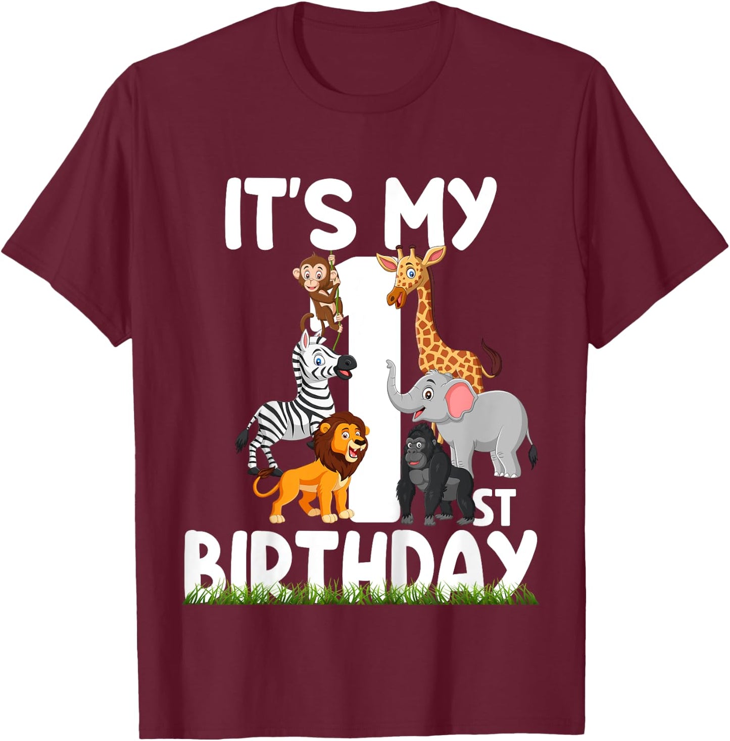 It's My 1st Birthday Zoo Jungle Safari 1 Years Old Animals T-Shirt - T-Shirt | Maroon