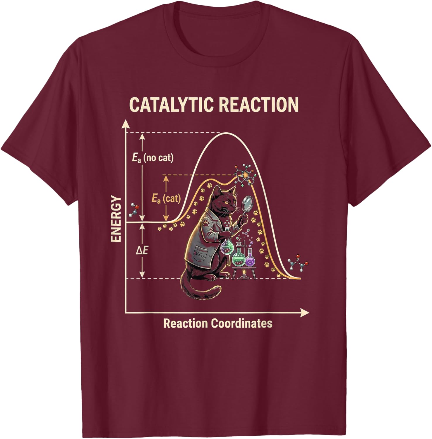 Catalytic Reaction Chemistry Cat Funny Science T-Shirt - T-Shirt | Maroon
