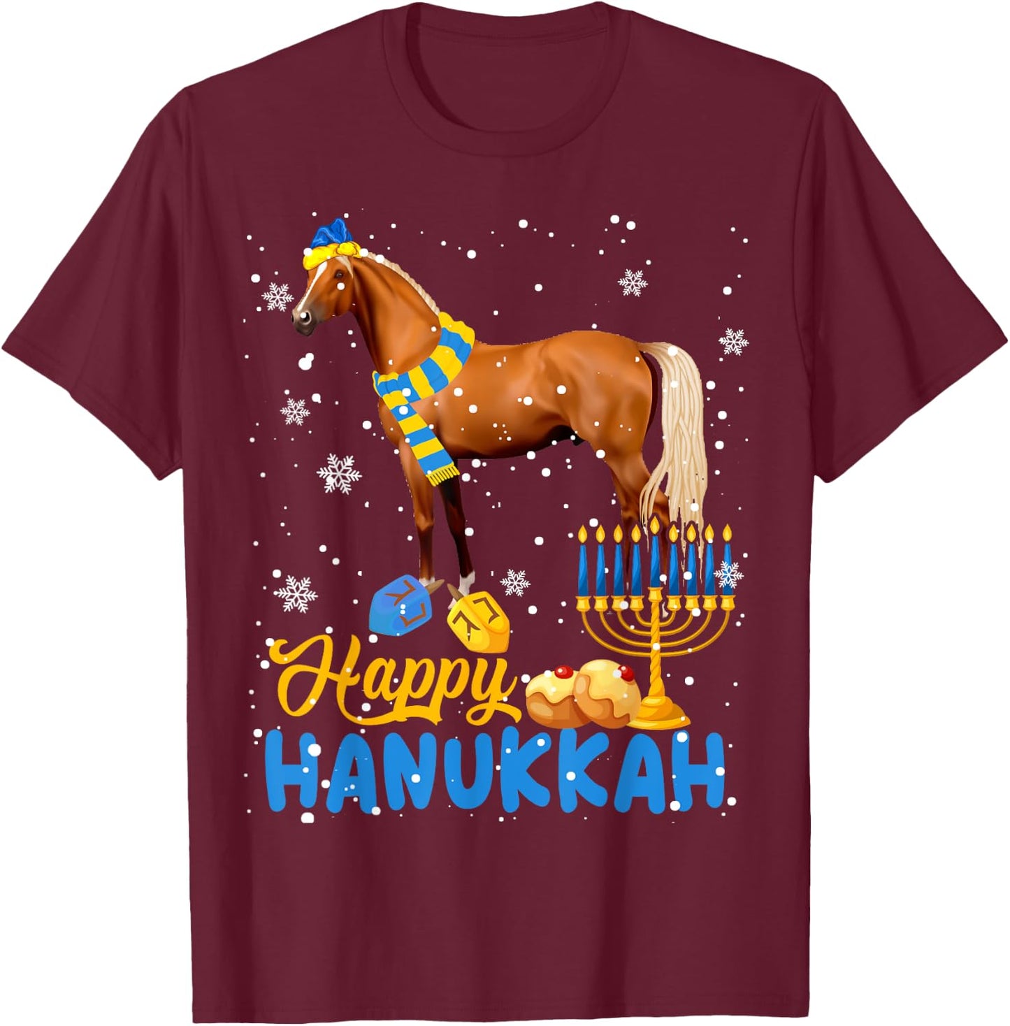 Happy Hanukkah Cute Hanukkah Horse Menorah Jewish Proud T-Shirt - T-Shirt | Maroon