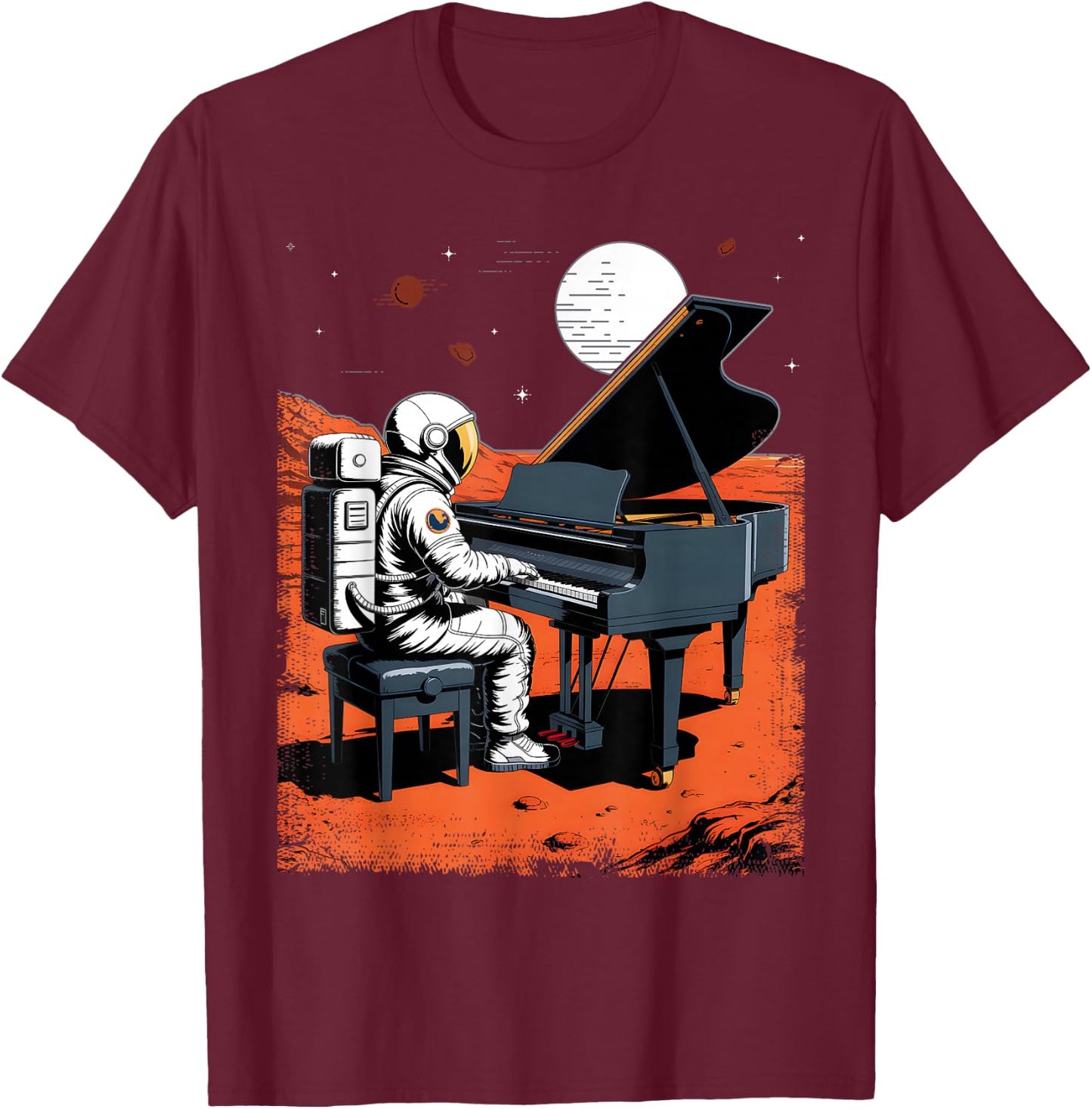 Astronaut in Space with Piano in Galaxies Musician T-Shirt - T-Shirt | Maroon