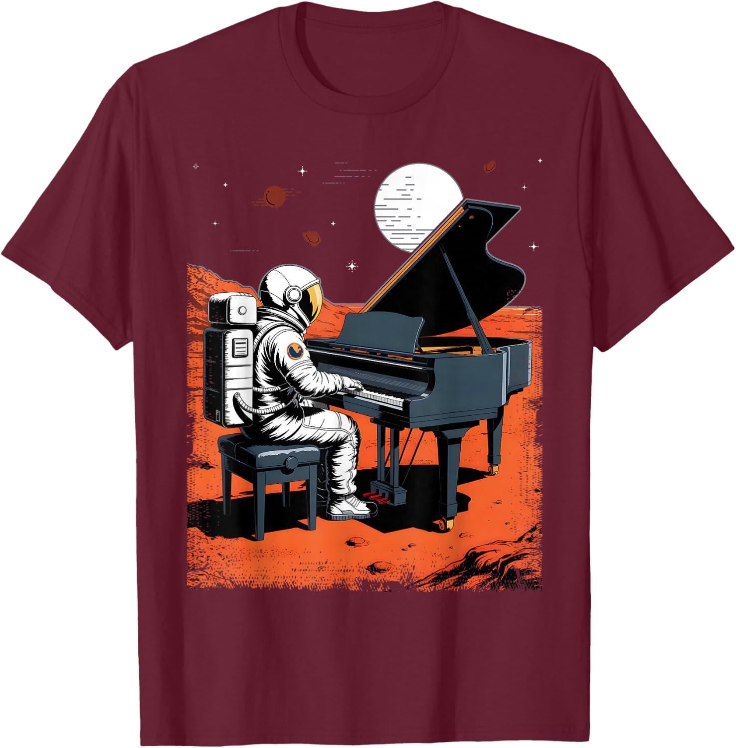 Astronaut in Space with Piano in Galaxies Musician T-Shirt - T-Shirt | Maroon