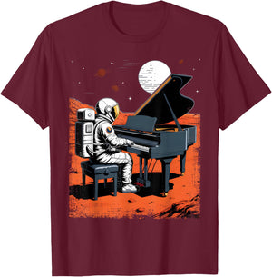 Astronaut in Space with Piano in Galaxies Musician T-Shirt - T-Shirt | Maroon