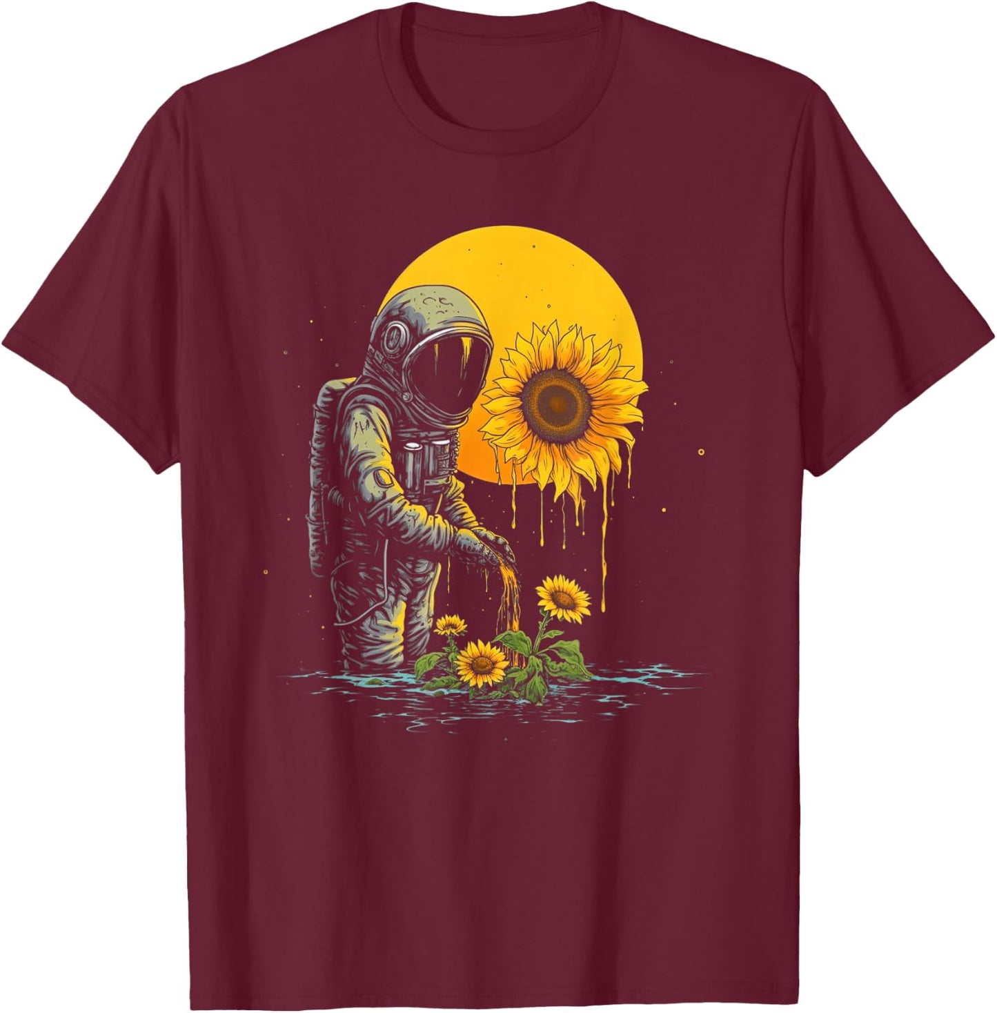 Cool Astronaut & Sunflowers | Surreal EDM Sci-Fi Space #2 T-Shirt - T-Shirt | Maroon