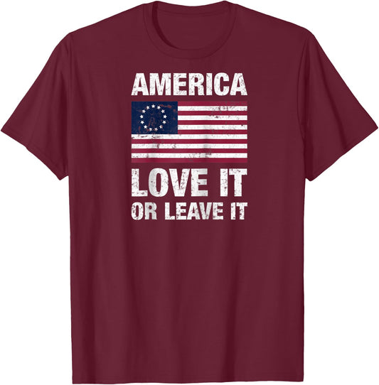 Betsy Ross Flag with 13 Stars, America Love It or Leave it Raglan Baseball T-Shirt - T-Shirt | Maroon