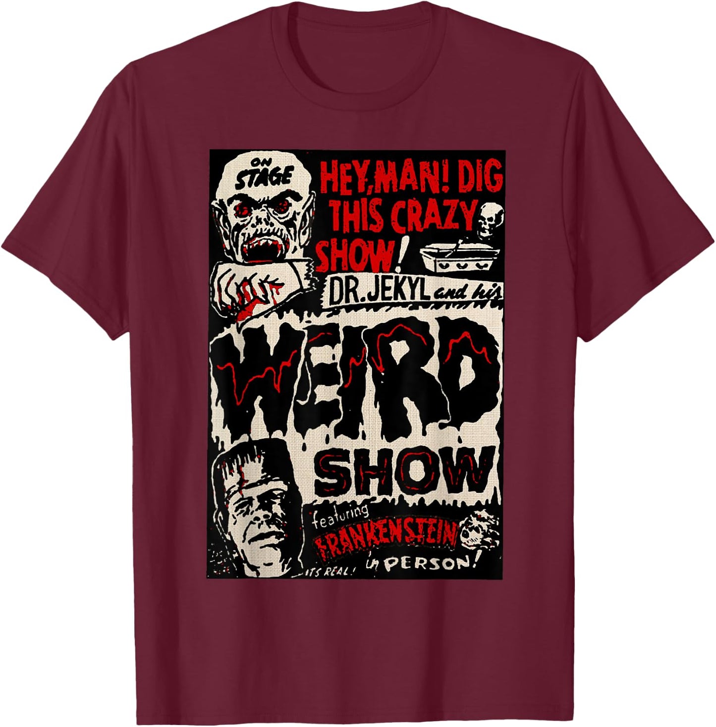 Horror Movie Monster Vintage Halloween Frankenstein T-Shirt - T-Shirt | Maroon