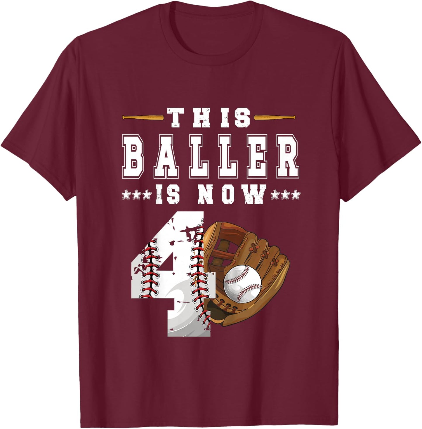 Kids 4th Birthday Baseball Boy Four Year Old Baseball Player T-Shirt - T-Shirt | Maroon
